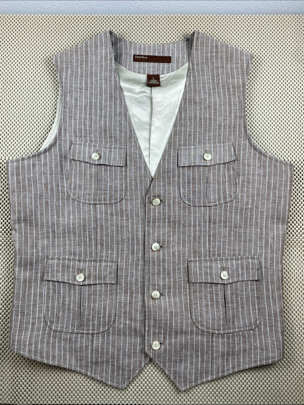 Perry Ellis Brown Striped Linen-Blend Vest